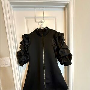 Elegant Black Mini Dress with Ruffled Sleeves-Size L